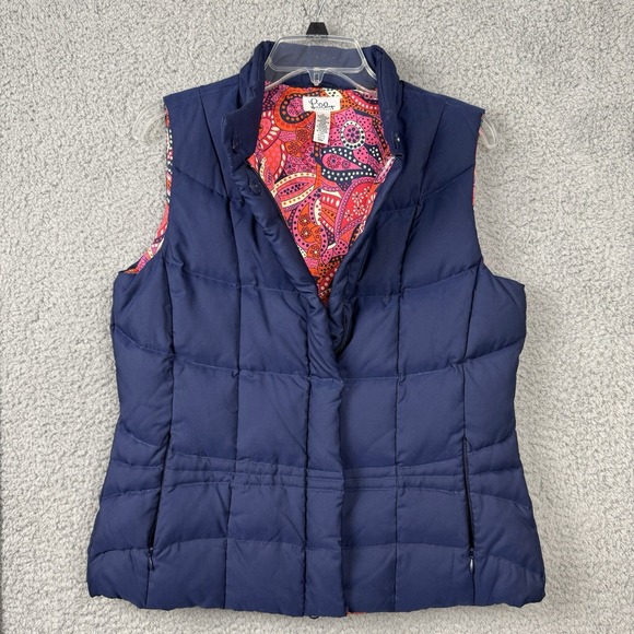 Lilly‎ Pulitzer Down Feather Puffer Vest M Navy Blue w Pink Paisley Lining - Picture 1 of 11